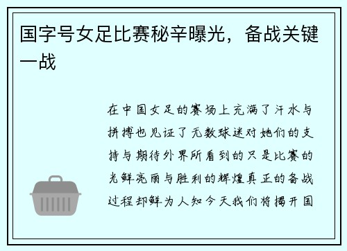 国字号女足比赛秘辛曝光，备战关键一战