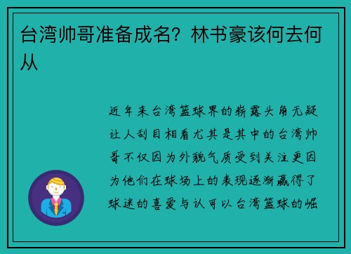 台湾帅哥准备成名？林书豪该何去何从