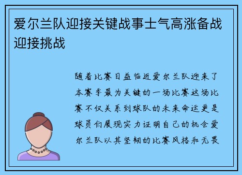 爱尔兰队迎接关键战事士气高涨备战迎接挑战