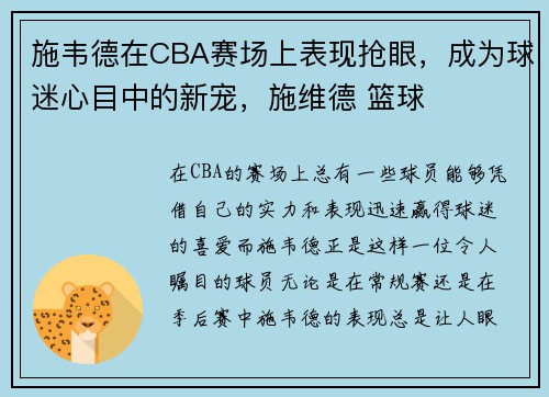 施韦德在CBA赛场上表现抢眼，成为球迷心目中的新宠，施维德 篮球
