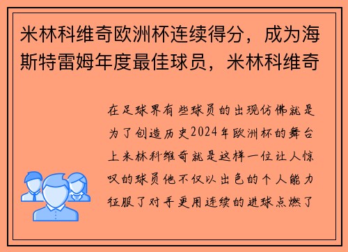 米林科维奇欧洲杯连续得分，成为海斯特雷姆年度最佳球员，米林科维奇转会国米