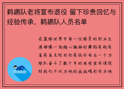 鹈鹕队老将宣布退役 留下珍贵回忆与经验传承，鹈鹕队人员名单