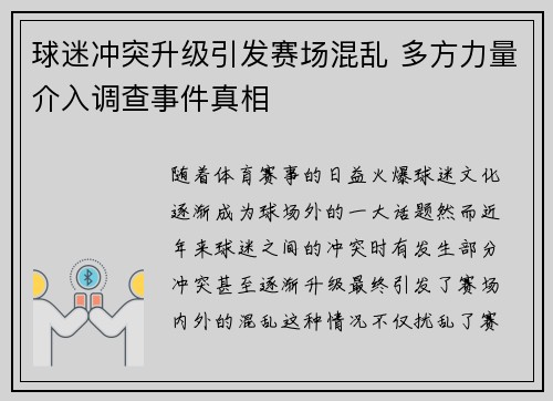 球迷冲突升级引发赛场混乱 多方力量介入调查事件真相