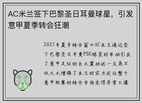 AC米兰签下巴黎圣日耳曼球星，引发意甲夏季转会狂潮